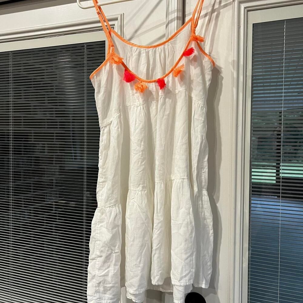 Aerie White Tiered Mini Dress M Orange Trim Tassel Boho Beach Sundress